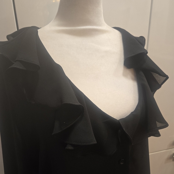 Vintage 1980s Ruffled V-Neck Romantic Black Blouse Top Size 14 - Picture 5 of 7
